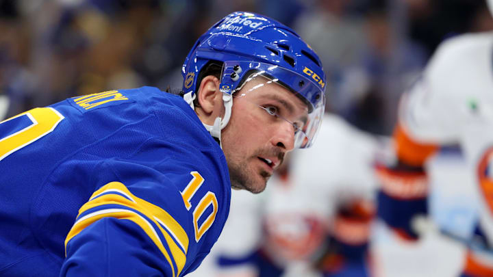 Mar 31, 2026; Buffalo, New York, USA;  Buffalo Sabres center Sam Carrick (10) waits for the face-off during the second period against the New York Islanders at KeyBank Center. Mandatory Credit: Timothy T. Ludwig-Imagn Images