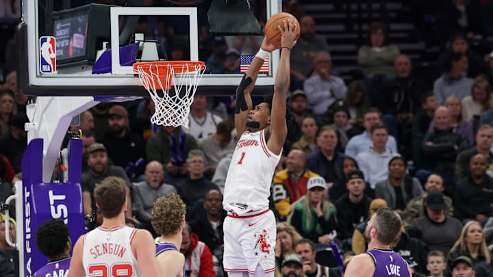 Dec 1, 2025; Salt Lake City, Utah, USA;  Houston Rockets guard Amen Thompson (1) dunks the ball against the Utah Jazz during the first quarter at Delta Center. Mandatory Credit: Chris Nicoll-Imagn Images