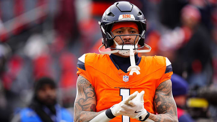 Jan 25, 2026; Denver, CO, USA; Denver Broncos tight end Evan Engram (1) practices before the 2026 AFC Championship Game at Empower Field at Mile High. 