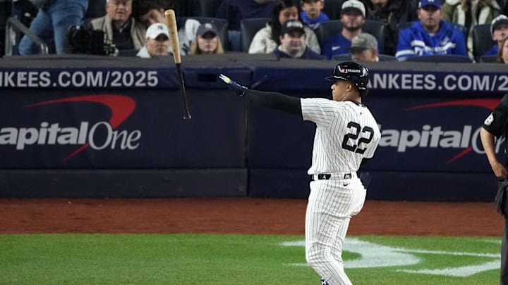 Oct 29, 2024; Bronx, New York, USA; New York Yankees outfielder Juan Soto (22) reacts after a strike out against the Los Angeles Dodgers in the sixth inning during game four of the 2024 MLB World Series at Yankee Stadium. Mandatory Credit: Robert Deutsch-Imagn Images