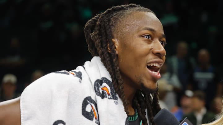 Apr 23, 2026; Minneapolis, Minnesota, USA; Minnesota Timberwolves guard Ayo Dosunmu (13) talks with a reporter after the game with the Denver Nuggets at Target Center. Mandatory Credit: Bruce Kluckhohn-Imagn Images