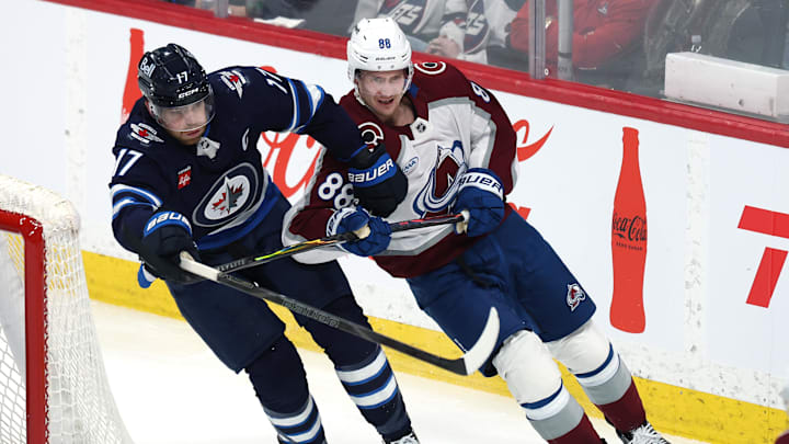 Mar 26, 2026; Winnipeg, Manitoba, CAN; Winnipeg Jets center Adam Lowry (17) and Colorado Avalanche center Martin Necas (88) tangle up during the first period at Canada Life Centre. Mandatory Credit: James Carey Lauder-Imagn Images Mar 26, 2026; Winnipeg, Manitoba, CAN; Winnipeg Jets center Adam Lowry (17) and Colorado Avalanche center Martin Necas (88) tangle up during the first period at Canada Life Centre. Mandatory Credit: James Carey Lauder-Imagn Images
