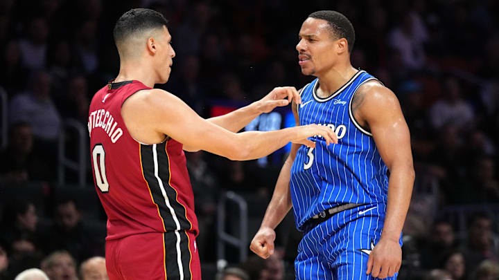 Jan 28, 2026; Miami, Florida, USA; Orlando Magic guard Desmond Bane (3) has a few words with Miami Heat forward Simone Fontecchio (0) during the first half at Kaseya Center. Mandatory Credit: Jim Rassol-Imagn Images Jan 28, 2026; Miami, Florida, USA; Orlando Magic guard Desmond Bane (3) has a few words with Miami Heat forward Simone Fontecchio (0) during the first half at Kaseya Center. Mandatory Credit: Jim Rassol-Imagn Images