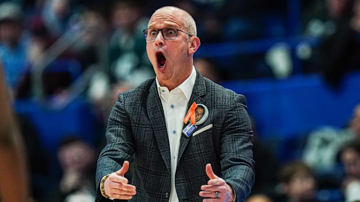 UConn men's basketball coach Dan Hurley reacts to a play from the sidelines.