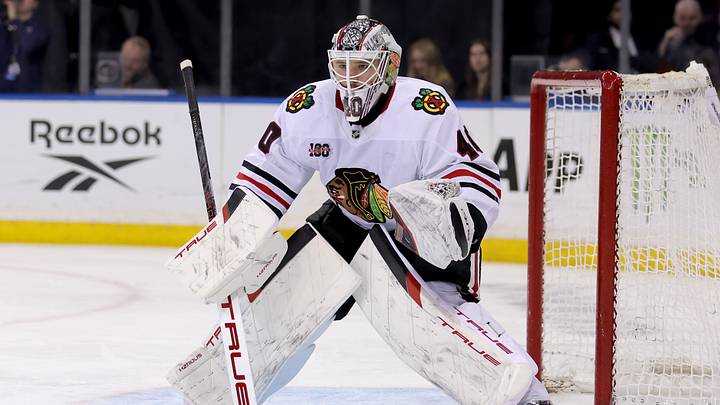 Mar 27, 2026; New York, New York, USA; Chicago Blackhawks goaltender Arvid Soderblom (40) tends net against the New York Rangers during the second period at Madison Square Garden. Mandatory Credit: Brad Penner-Imagn Images