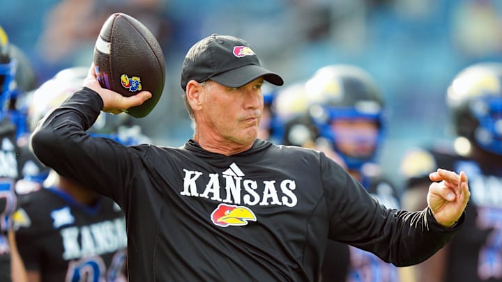 Sep 13, 2024; Kansas City, Kansas, USA; Kansas Jayhawks head coach Lance Leipold during warmups prior to a game against the UNLV Rebels at Children's Mercy Park. Mandatory Credit: Jay Biggerstaff-Imagn Images Sep 13, 2024; Kansas City, Kansas, USA; Kansas Jayhawks head coach Lance Leipold during warmups prior to a game against the UNLV Rebels at Children's Mercy Park. Mandatory Credit: Jay Biggerstaff-Imagn Images