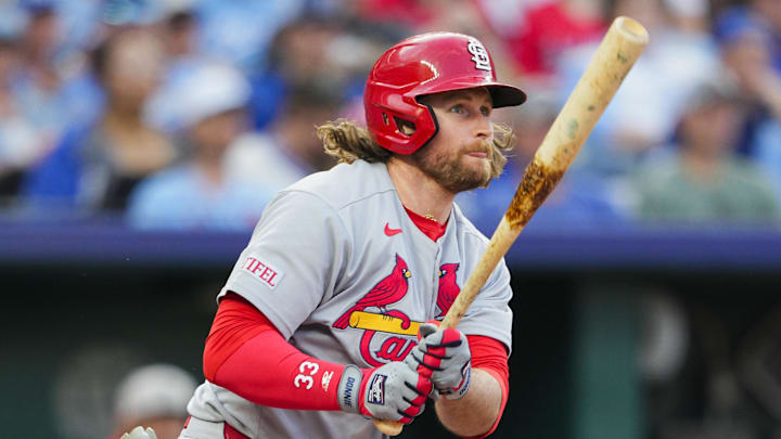 May 16, 2025; Kansas City, Missouri, USA; St. Louis Cardinals second baseman Brendan Donovan (33) hits a double during the fourth inning against the Kansas City Royals at Kauffman Stadium. Mandatory Credit: Jay Biggerstaff-Imagn Images