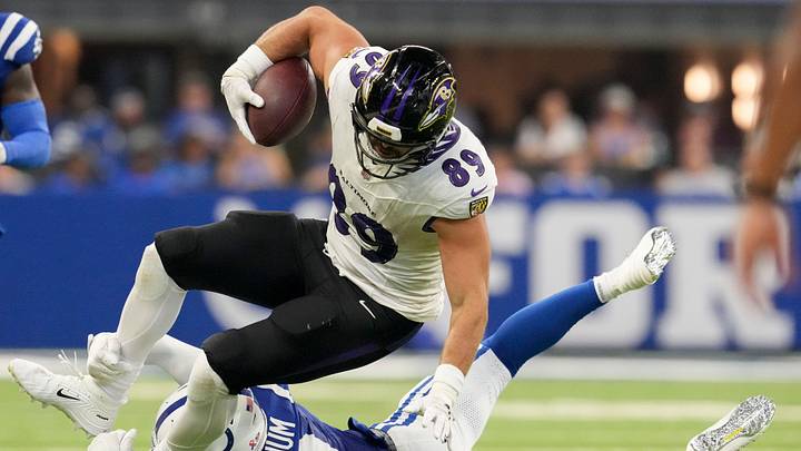Baltimore Ravens tight end Mark Andrews (89) is tripped up by Indianapolis Colts safety Cam Bynum (0) on Sunday, Sept. 13, 2026, during a game against the Baltimore Ravens at Lucas Oil Stadium in Indianapolis. Baltimore Ravens tight end Mark Andrews (89) is tripped up by Indianapolis Colts safety Cam Bynum (0) on Sunday, Sept. 13, 2026, during a game against the Baltimore Ravens at Lucas Oil Stadium in Indianapolis.