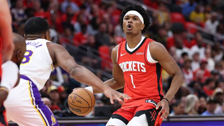 Apr 26, 2026; Houston, Texas, USA; Houston Rockets guard/forward Amen Thompson (1) dribbles the ball during the first quarter against the Los Angeles Lakers during game four of the first round of the 2026 NBA Playoffs at Toyota Center. Mandatory Credit: Troy Taormina-Imagn Images Apr 26, 2026; Houston, Texas, USA; Houston Rockets guard/forward Amen Thompson (1) dribbles the ball during the first quarter against the Los Angeles Lakers during game four of the first round of the 2026 NBA Playoffs at Toyota Center. Mandatory Credit: Troy Taormina-Imagn Images
