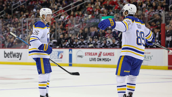 Oct 27, 2023; Newark, New Jersey, USA; Buffalo Sabres defenseman Rasmus Dahlin (26) celebrates his