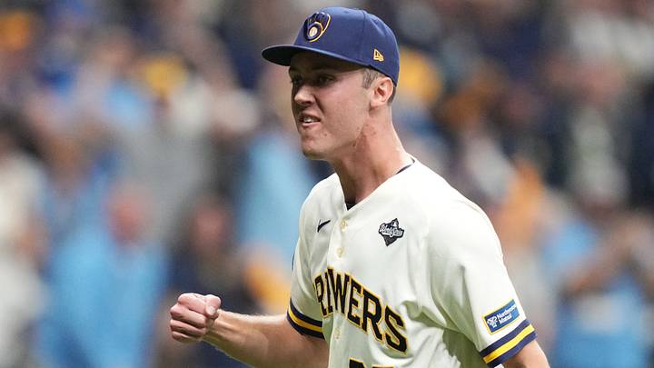 Oct 23, 2026; Milwaukee, Wisconsin, USA; Milwaukee Brewers pitcher Jacob Misiorowski (32) reacts after pitching against the Tampa Bay Rays during the second inning in game one of the 2026 World Series at American Family Field. Mandatory Credit: Michael McLoone-Imagn Images Oct 23, 2026; Milwaukee, Wisconsin, USA; Milwaukee Brewers pitcher Jacob Misiorowski (32) reacts after pitching against the Tampa Bay Rays during the second inning in game one of the 2026 World Series at American Family Field. Mandatory Credit: Michael McLoone-Imagn Images