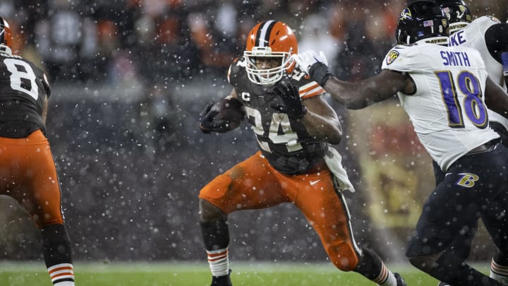 Dec 17, 2022; Cleveland, Ohio, USA; Cleveland Browns running back Nick Chubb (24) runs the ball against the Baltimore Ravens during the fourth quarter at FirstEnergy Stadium. Mandatory Credit: Scott Galvin-USA TODAY Sports Dec 17, 2022; Cleveland, Ohio, USA; Cleveland Browns running back Nick Chubb (24) runs the ball against the Baltimore Ravens during the fourth quarter at FirstEnergy Stadium. Mandatory Credit: Scott Galvin-USA TODAY Sports