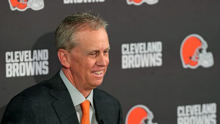 Todd Monken, new head coach of the Cleveland Browns, smiles as he talks about Myles Garrett during his introductory press conference at the team's training facility, Feb. 3, 2026.