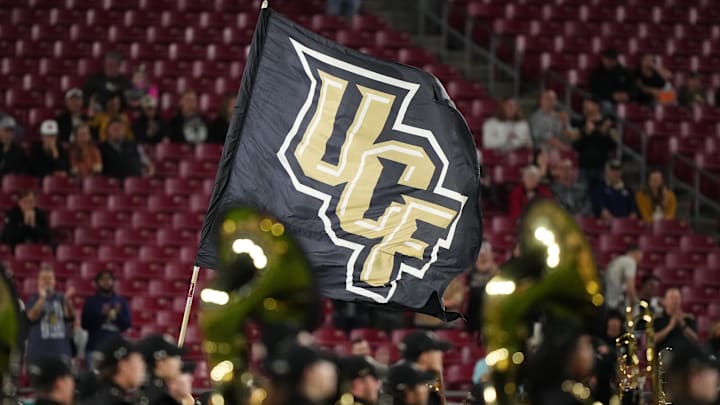Dec 22, 2023; Tampa, FL, USA; A general view of the UCF Knights flag while the band performs prior to the Gasparilla Bowl between the Georgia Tech Yellow Jackets and the UCF Knights at Raymond James Stadium. Mandatory Credit: Jasen Vinlove-USA TODAY Sports