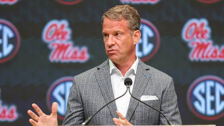 Jul 14, 2025; Atlanta, GA, USA; Ole Miss Rebels head coach Lane Kiffin speaks to the media during SEC Media Day at Omni Atlanta Hotel. Mandatory Credit: Jordan Godfree-Imagn Images