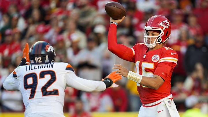 Nov 10, 2024; Kansas City, Missouri, USA; Kansas City Chiefs quarterback Patrick Mahomes (15) throws a pass against Denver Broncos linebacker Dondrea Tillman (92) during the second half at GEHA Field at Arrowhead Stadium. Nov 10, 2024; Kansas City, Missouri, USA; Kansas City Chiefs quarterback Patrick Mahomes (15) throws a pass against Denver Broncos linebacker Dondrea Tillman (92) during the second half at GEHA Field at Arrowhead Stadium.