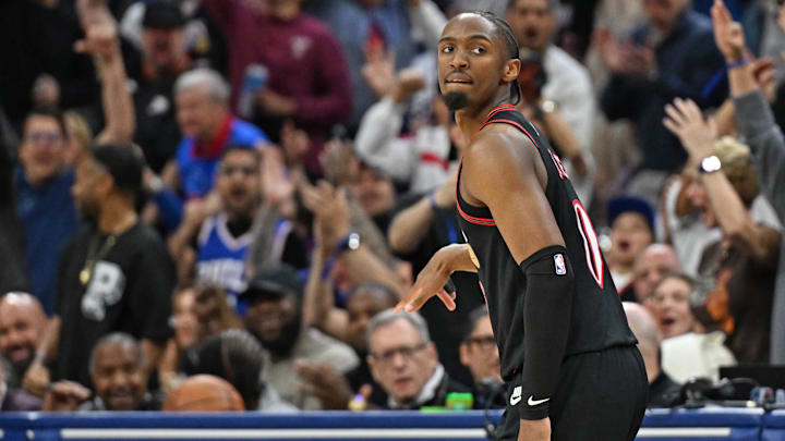 Apr 24, 2026; Philadelphia, Pennsylvania, USA; Philadelphia 76ers guard Tyrese Maxey (0) reacts after a three point basket against the Boston Celtics during the second half at Xfinity Mobile Arena. Mandatory Credit: Eric Hartline-Imagn Images