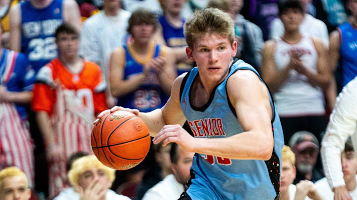 Dubuque Senior's Tevin Schultz drives down the baseline during the Class 4A boys state quarterfinal against Cedar Falls on Monday, March 10, 2025, at Wells Fargo Arena. Dubuque Senior's Tevin Schultz drives down the baseline during the Class 4A boys state quarterfinal against Cedar Falls on Monday, March 10, 2025, at Wells Fargo Arena.