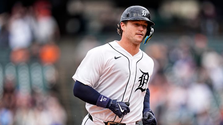Detroit Tigers catcher Dillon Dingler (13) runs past third base after batting a two run home run against Kansas City Royals during the fifth inning at Comerica Park in Detroit on Thursday, April 16, 2026.