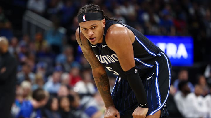 Orlando Magic forward Paolo Banchero (5) looks on against the Indiana Pacers in the second quarter at Kia Center.