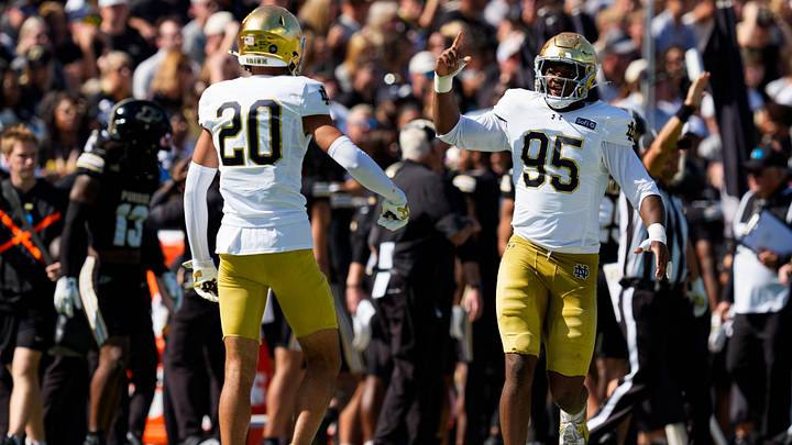 Notre Dame defensive lineman Bryce Young (95) and safety Joey O'Brien (20) celebrate after an O'Brien sack during a NCAA football game against Purdue at Ross-Ade Stadium on Saturday, Sept. 26, 2026, in West Lafayette. Notre Dame defensive lineman Bryce Young (95) and safety Joey O'Brien (20) celebrate after an O'Brien sack during a NCAA football game against Purdue at Ross-Ade Stadium on Saturday, Sept. 26, 2026, in West Lafayette.
