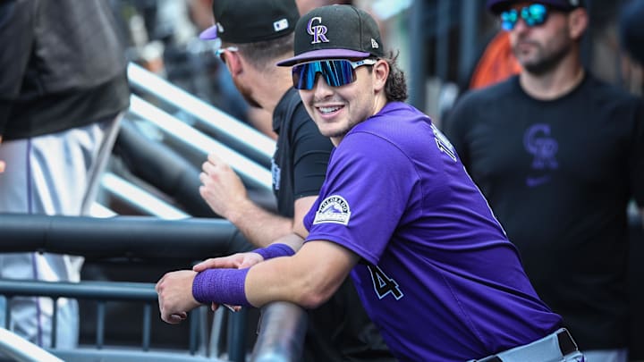 Jul 13, 2024; New York City, New York, USA;  Colorado Rockies first baseman Michael Toglia (4) at Citi Field. Mandatory Credit: Wendell Cruz-Imagn Images
