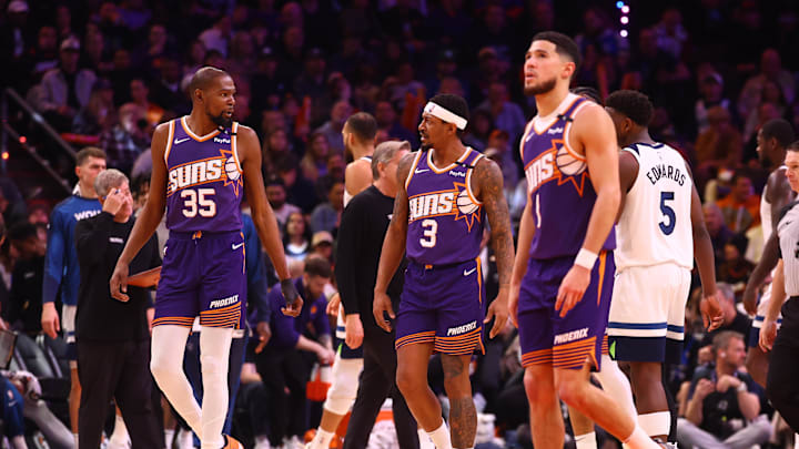 Jan 29, 2025; Phoenix, Arizona, USA; Phoenix Suns forward Kevin Durant (35) with guard Bradley Beal (3) and Devin Booker (1) against the Minnesota Timberwolves at Footprint Center. Mandatory Credit: Mark J. Rebilas-Imagn Images Jan 29, 2025; Phoenix, Arizona, USA; Phoenix Suns forward Kevin Durant (35) with guard Bradley Beal (3) and Devin Booker (1) against the Minnesota Timberwolves at Footprint Center. Mandatory Credit: Mark J. Rebilas-Imagn Images