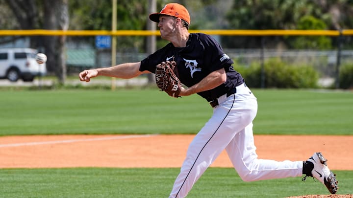 Detroit Tigers pitcher Chase Lee throws during live batting practice at spring training at TigerTown in Lakeland, Fla. on Tuesday, Feb. 18, 2025. Detroit Tigers pitcher Chase Lee throws during live batting practice at spring training at TigerTown in Lakeland, Fla. on Tuesday, Feb. 18, 2025.