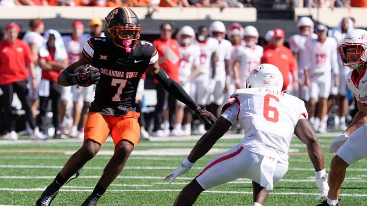 Oklahoma State Cowboys wide receiver Shamar Rigby (7) runs after a reception during a college football game between the Oklahoma State Cowboys (OSU) and the Houston Cougars at Boone Pickens Stadium in Stillwater, Okla., Saturday, Oct. 11, 2025. Oklahoma State Cowboys wide receiver Shamar Rigby (7) runs after a reception during a college football game between the Oklahoma State Cowboys (OSU) and the Houston Cougars at Boone Pickens Stadium in Stillwater, Okla., Saturday, Oct. 11, 2025.