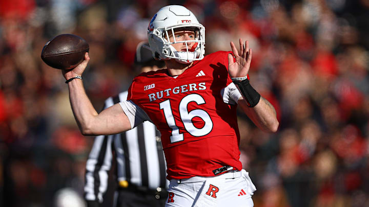 Nov 9, 2024; Piscataway, New Jersey, USA; Rutgers Scarlet Knights quarterback Athan Kaliakmanis (16) throws a touchdown pass during the first half against the Minnesota Golden Gophers at SHI Stadium. Mandatory Credit: Vincent Carchietta-Imagn Images Nov 9, 2024; Piscataway, New Jersey, USA; Rutgers Scarlet Knights quarterback Athan Kaliakmanis (16) throws a touchdown pass during the first half against the Minnesota Golden Gophers at SHI Stadium. Mandatory Credit: Vincent Carchietta-Imagn Images