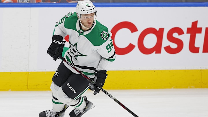 Mar 8, 2025; Edmonton, Alberta, CAN; Dallas Stars forward forward Mikko Rantanen (96) skates during warmup against the Edmonton Oilers at Rogers Place. Mandatory Credit: Perry Nelson-Imagn Images