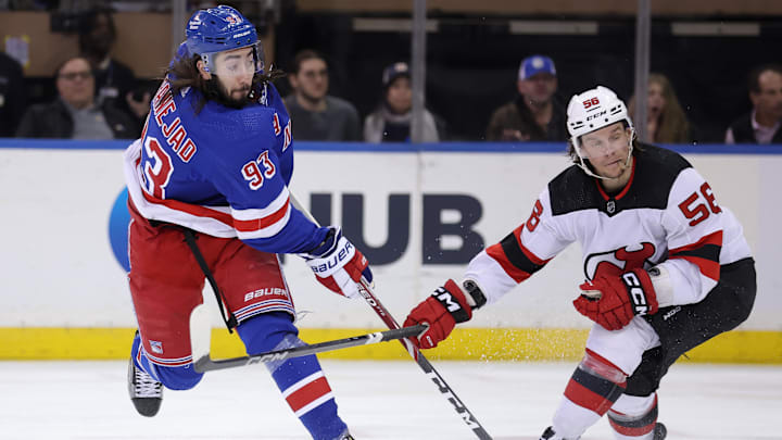 Mar 11, 2024; New York, New York, USA; New York Rangers center Mika Zibanejad (93) follows through