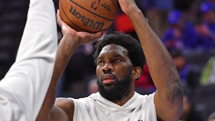 Nov 18, 2022; Philadelphia, Pennsylvania, USA; Philadelphia 76ers center Joel Embiid (21) shoots during warmups against the Milwaukee Bucks at Wells Fargo Center. Mandatory Credit: Eric Hartline-Imagn Images