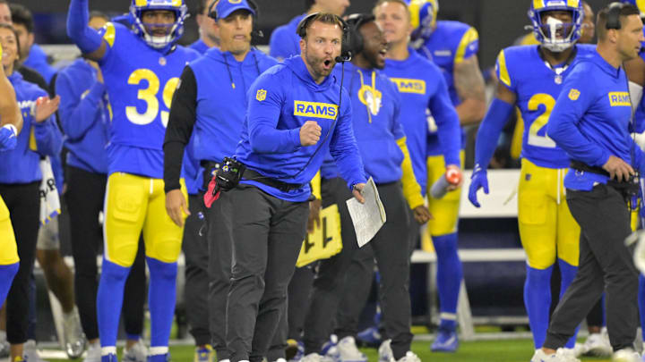 Dec 28, 2024; Inglewood, California, USA;  Los Angeles Rams head coach Sean McVay reacts after a play in the first half against the Arizona Cardinals at SoFi Stadium. Mandatory Credit: Jayne Kamin-Oncea-Imagn Images