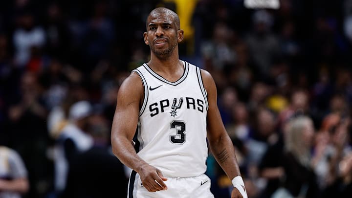 Apr 2, 2025; Denver, Colorado, USA; San Antonio Spurs guard Chris Paul (3) in the first quarter against the Denver Nuggets at Ball Arena. Mandatory Credit: Isaiah J. Downing-Imagn Images Apr 2, 2025; Denver, Colorado, USA; San Antonio Spurs guard Chris Paul (3) in the first quarter against the Denver Nuggets at Ball Arena. Mandatory Credit: Isaiah J. Downing-Imagn Images