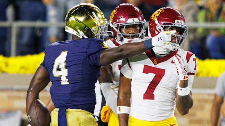 Notre Dame running back Jeremiyah Love (4) celebrates after getting a first down in the first half of a NCAA football game against Southern California at Notre Dame Stadium on Saturday, Oct. 18, 2025, in South Bend.