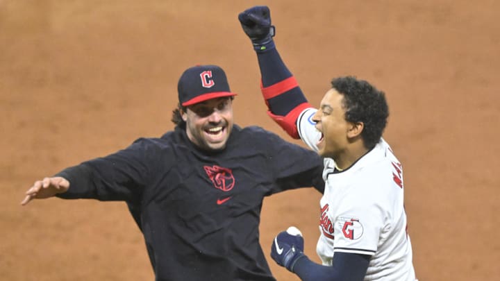 Apr 10, 2024; Cleveland, Ohio, USA; Cleveland Guardians Bo Naylor and Austin Hedges celebrate.