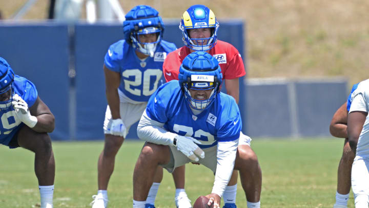 May 28, 2024; Thousand Oaks, CA, USA; Los Angeles Rams quarterback Matthew Stafford (9) takes a snap from guard Steve Avila (73) during OTAs at the team training facility at California Lutheran University. Mandatory Credit: Jayne Kamin-Oncea-USA TODAY Sports May 28, 2024; Thousand Oaks, CA, USA; Los Angeles Rams quarterback Matthew Stafford (9) takes a snap from guard Steve Avila (73) during OTAs at the team training facility at California Lutheran University. Mandatory Credit: Jayne Kamin-Oncea-USA TODAY Sports