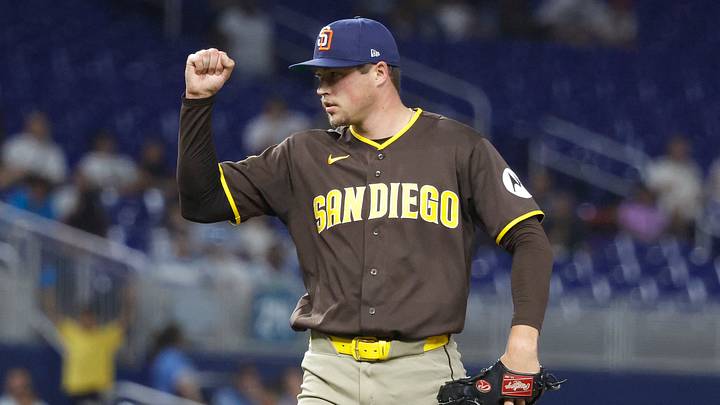 Jul 24, 2026; Miami, Florida, USA; San Diego Padres relief pitcher Mason Miller (22) reacts against the Miami Marlins catcher following the game at loanDepot Park. Mandatory Credit: Rhona Wise-Imagn Images Jul 24, 2026; Miami, Florida, USA; San Diego Padres relief pitcher Mason Miller (22) reacts against the Miami Marlins catcher following the game at loanDepot Park. Mandatory Credit: Rhona Wise-Imagn Images