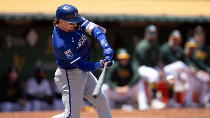 Jun 20, 2024; Oakland, California, USA; Kansas City Royals shortstop Bobby Witt Jr. (7) hits a home run against the Oakland Athletics during the eighth inning at Oakland-Alameda County Coliseum. Mandatory Credit: D. Ross Cameron-USA TODAY Sports Jun 20, 2024; Oakland, California, USA; Kansas City Royals shortstop Bobby Witt Jr. (7) hits a home run against the Oakland Athletics during the eighth inning at Oakland-Alameda County Coliseum. Mandatory Credit: D. Ross Cameron-USA TODAY Sports