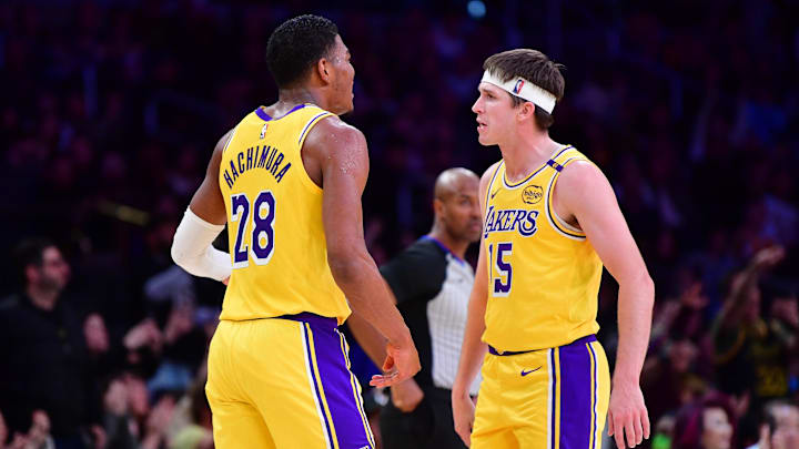 January 15, 2025; Los Angeles, California, USA; Los Angeles Lakers forward Rui Hachimura (28) and guard Austin Reaves (15) celebrate during the second half at Crypto.com Arena. Mandatory Credit: Gary A. Vasquez-Imagn Images
