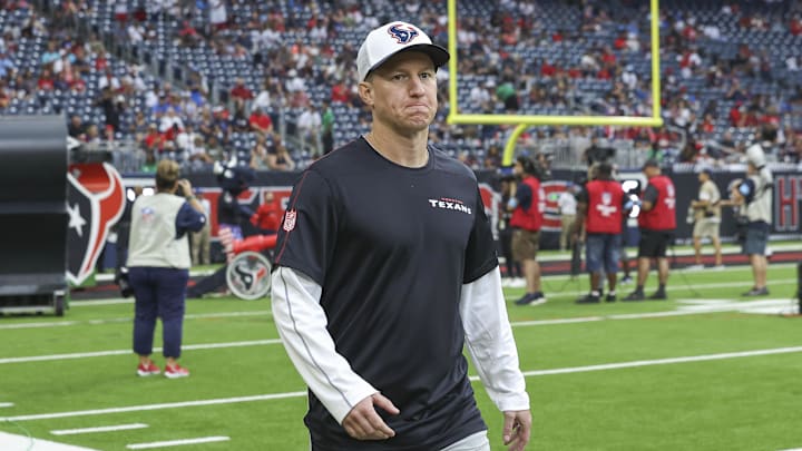 Aug 24, 2024; Houston, Texas, USA; Houston Texans offensive coordinator Bobby Slowik walks on the field before the game against the Los Angeles Rams at NRG Stadium.