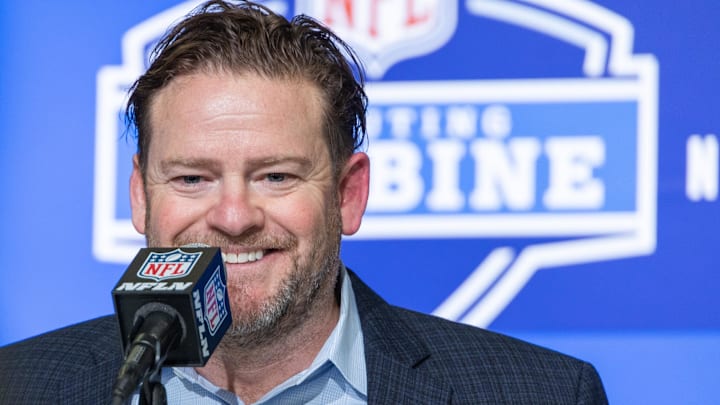 Feb 28, 2023; Indianapolis, IN, USA; Seattle Seahawks general manager John Schneider speaks to the press at the NFL Combine at Lucas Oil Stadium. Feb 28, 2023; Indianapolis, IN, USA; Seattle Seahawks general manager John Schneider speaks to the press at the NFL Combine at Lucas Oil Stadium.