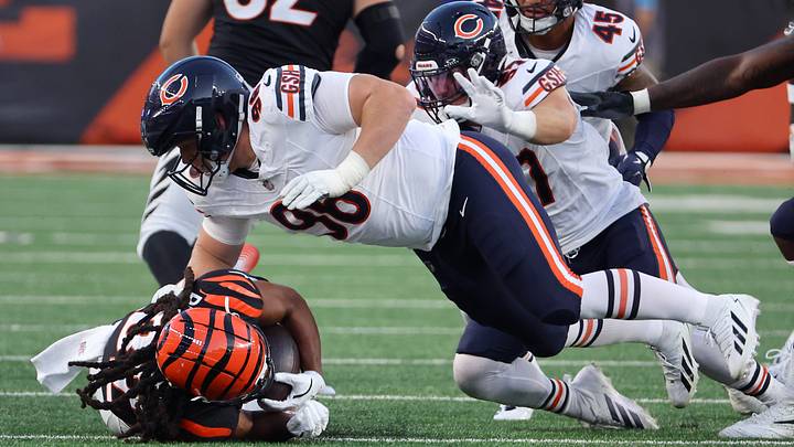 Chicago Bears defensive tackle Jordan van den Berg (96) makes a tackle against Cincinnati Bengals running back Kentrel Bullock (31) during the second quarter at Paycor Stadium. Mandatory Credit: Joseph Maiorana-Imagn Images Chicago Bears defensive tackle Jordan van den Berg (96) makes a tackle against Cincinnati Bengals running back Kentrel Bullock (31) during the second quarter at Paycor Stadium. Mandatory Credit: Joseph Maiorana-Imagn Images