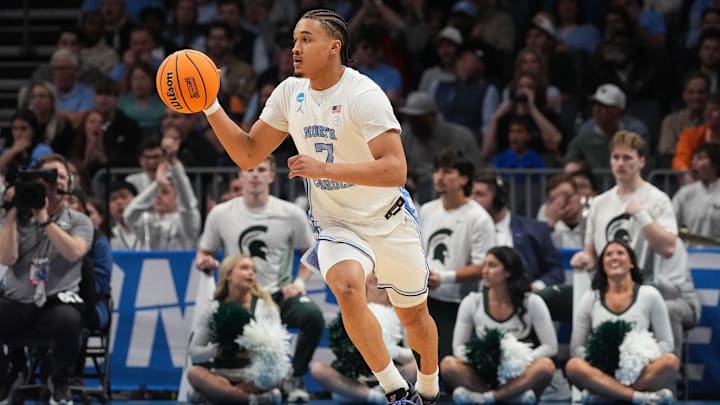 Mar 23, 2024; Charlotte, NC, USA; North Carolina Tar Heels guard Seth Trimble (7) against Michigan State Spartans at Spectrum Center. Mandatory Credit: Jim Dedmon-Imagn Images