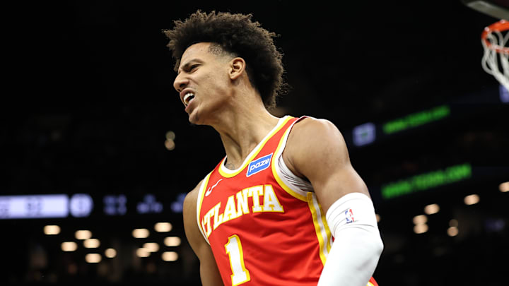 Jalen Johnson celebrates after a tough bucket against the Brooklyn Nets Jalen Johnson celebrates after a tough bucket against the Brooklyn Nets