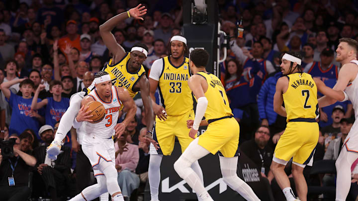 May 6, 2024; New York, New York, USA; New York Knicks guard Josh Hart (3) is fouled by Indiana Pacers forward Pascal Siakam (43) in front of Pacers center Myles Turner (33) and guards Tyrese Haliburton (0) and Andrew Nembhard (2) during the fourth quarter of game one of the second round of the 2024 NBA playoffs at Madison Square Garden. Mandatory Credit: Brad Penner-Imagn Images