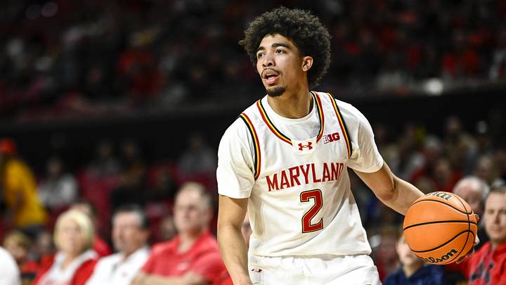 Dec 28, 2025; College Park, Maryland, USA; Maryland Terrapins guard Myles Rice (2) dribbles along the sideline during the second half against the Old Dominion Monarchs  at Xfinity Center. Mandatory Credit: Tommy Gilligan-Imagn Images