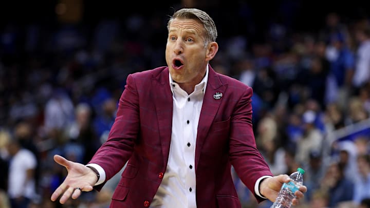 Mar 29, 2025; Newark, NJ, USA; Alabama Crimson Tide head coach Nate Oats reacts to a call during the first half against the Duke Blue Devils in the East Regional final of the 2025 NCAA tournament at Prudential Center. Mandatory Credit: Vincent Carchietta-Imagn Images