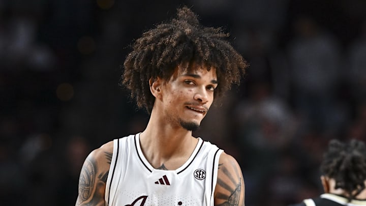 Dec 3, 2024; College Station, Texas, USA; Texas A&M Aggies forward Andersson Garcia (11) looks on during the second half against the Wake Forest Demon Deacons. The Aggies defeated the Demon Deacons 57-44 at Reed Arena. Mandatory Credit: Maria Lysaker-Imagn Images 